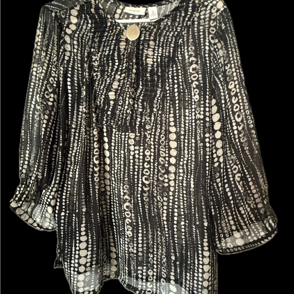 Chico's Black Blouse with White Dot-Stripe Print